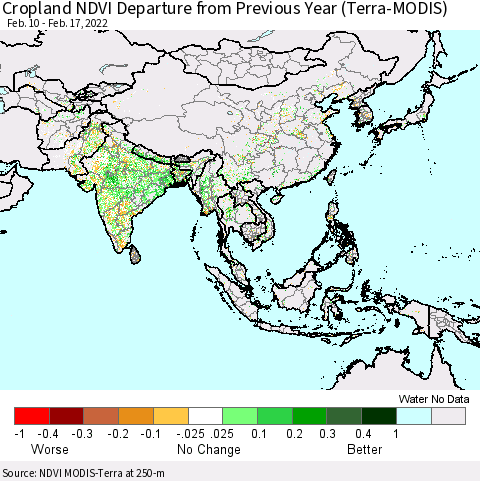 Asia Cropland NDVI Departure from Previous Year (Terra-MODIS) Thematic Map For 2/10/2022 - 2/17/2022
