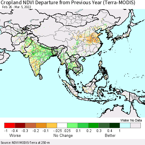 Asia Cropland NDVI Departure from Previous Year (Terra-MODIS) Thematic Map For 2/26/2022 - 3/5/2022