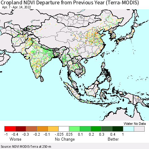 Asia Cropland NDVI Departure from Previous Year (Terra-MODIS) Thematic Map For 4/7/2022 - 4/14/2022