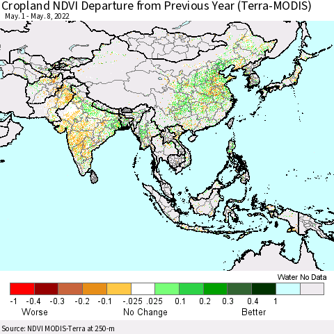 Asia Cropland NDVI Departure from Previous Year (Terra-MODIS) Thematic Map For 5/1/2022 - 5/8/2022