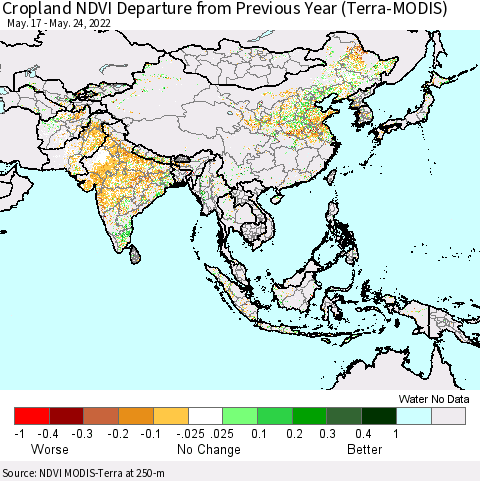 Asia Cropland NDVI Departure from Previous Year (Terra-MODIS) Thematic Map For 5/17/2022 - 5/24/2022
