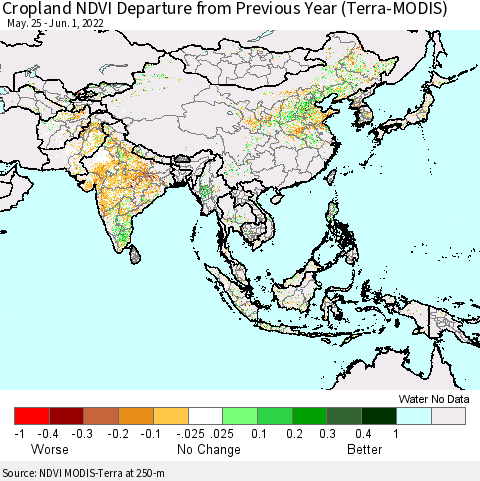 Asia Cropland NDVI Departure from Previous Year (Terra-MODIS) Thematic Map For 5/25/2022 - 6/1/2022