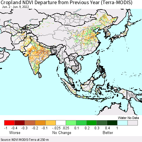 Asia Cropland NDVI Departure from Previous Year (Terra-MODIS) Thematic Map For 6/2/2022 - 6/9/2022