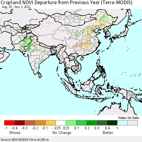 Asia Cropland NDVI Departure from Previous Year (Terra-MODIS) Thematic Map For 8/29/2022 - 9/5/2022