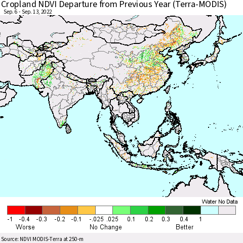 Asia Cropland NDVI Departure from Previous Year (Terra-MODIS) Thematic Map For 9/6/2022 - 9/13/2022