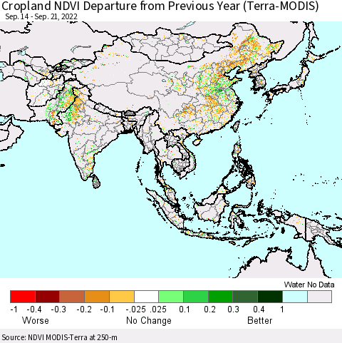 Asia Cropland NDVI Departure from Previous Year (Terra-MODIS) Thematic Map For 9/14/2022 - 9/21/2022