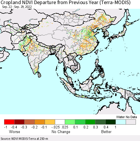 Asia Cropland NDVI Departure from Previous Year (Terra-MODIS) Thematic Map For 9/22/2022 - 9/29/2022