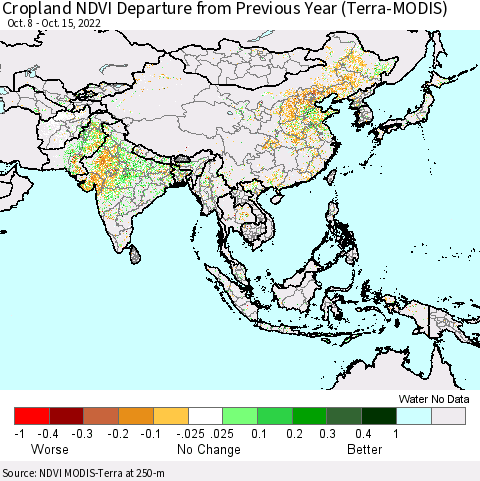 Asia Cropland NDVI Departure from Previous Year (Terra-MODIS) Thematic Map For 10/8/2022 - 10/15/2022