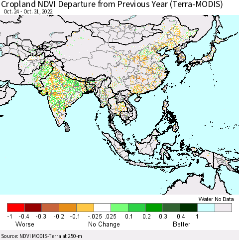 Asia Cropland NDVI Departure from Previous Year (Terra-MODIS) Thematic Map For 10/24/2022 - 10/31/2022