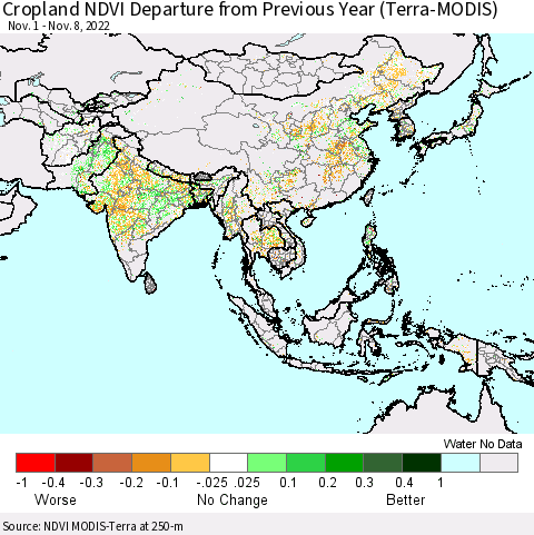 Asia Cropland NDVI Departure from Previous Year (Terra-MODIS) Thematic Map For 11/1/2022 - 11/8/2022