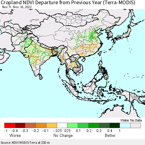 Asia Cropland NDVI Departure from Previous Year (Terra-MODIS) Thematic Map For 11/9/2022 - 11/16/2022