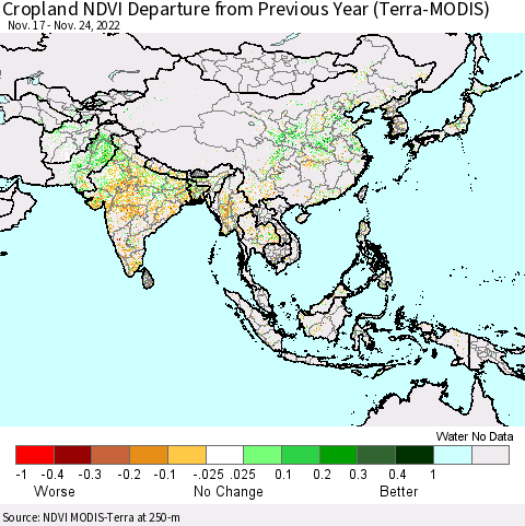 Asia Cropland NDVI Departure from Previous Year (Terra-MODIS) Thematic Map For 11/17/2022 - 11/24/2022