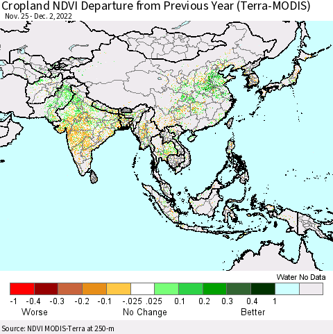 Asia Cropland NDVI Departure from Previous Year (Terra-MODIS) Thematic Map For 11/25/2022 - 12/2/2022