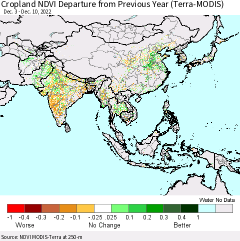 Asia Cropland NDVI Departure from Previous Year (Terra-MODIS) Thematic Map For 12/3/2022 - 12/10/2022