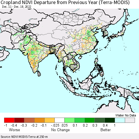 Asia Cropland NDVI Departure from Previous Year (Terra-MODIS) Thematic Map For 12/11/2022 - 12/18/2022