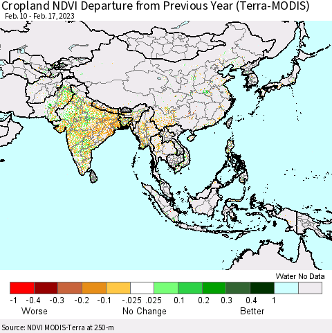 Asia Cropland NDVI Departure from Previous Year (Terra-MODIS) Thematic Map For 2/10/2023 - 2/17/2023