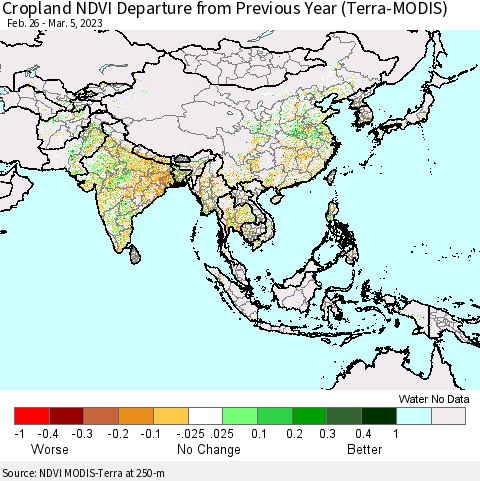 Asia Cropland NDVI Departure from Previous Year (Terra-MODIS) Thematic Map For 2/26/2023 - 3/5/2023