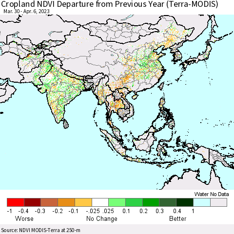 Asia Cropland NDVI Departure from Previous Year (Terra-MODIS) Thematic Map For 3/30/2023 - 4/6/2023