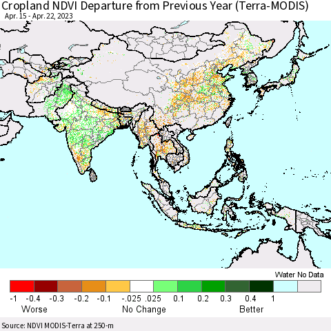 Asia Cropland NDVI Departure from Previous Year (Terra-MODIS) Thematic Map For 4/15/2023 - 4/22/2023