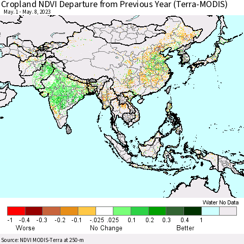 Asia Cropland NDVI Departure from Previous Year (Terra-MODIS) Thematic Map For 5/1/2023 - 5/8/2023