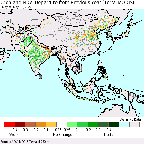 Asia Cropland NDVI Departure from Previous Year (Terra-MODIS) Thematic Map For 5/9/2023 - 5/16/2023