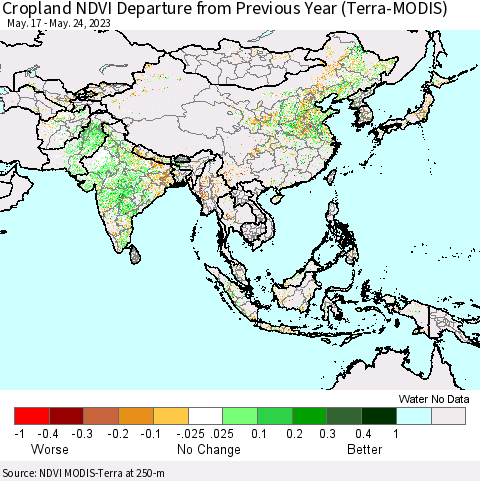 Asia Cropland NDVI Departure from Previous Year (Terra-MODIS) Thematic Map For 5/17/2023 - 5/24/2023