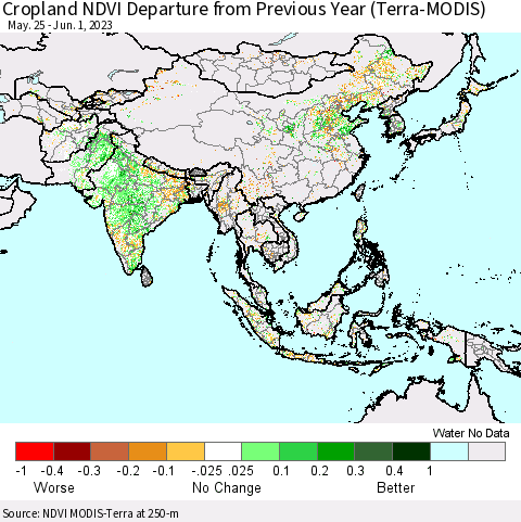 Asia Cropland NDVI Departure from Previous Year (Terra-MODIS) Thematic Map For 5/25/2023 - 6/1/2023