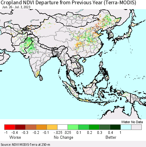 Asia Cropland NDVI Departure from Previous Year (Terra-MODIS) Thematic Map For 6/26/2023 - 7/3/2023