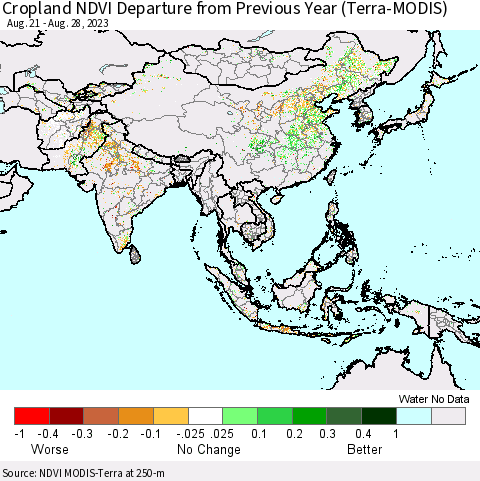 Asia Cropland NDVI Departure from Previous Year (Terra-MODIS) Thematic Map For 8/21/2023 - 8/28/2023