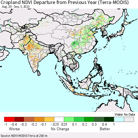 Asia Cropland NDVI Departure from Previous Year (Terra-MODIS) Thematic Map For 8/29/2023 - 9/5/2023