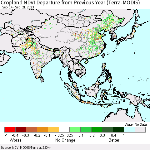 Asia Cropland NDVI Departure from Previous Year (Terra-MODIS) Thematic Map For 9/14/2023 - 9/21/2023