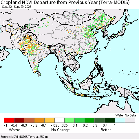 Asia Cropland NDVI Departure from Previous Year (Terra-MODIS) Thematic Map For 9/22/2023 - 9/29/2023
