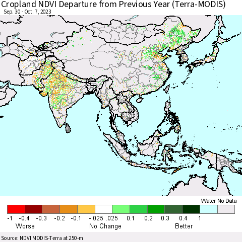 Asia Cropland NDVI Departure from Previous Year (Terra-MODIS) Thematic Map For 9/30/2023 - 10/7/2023
