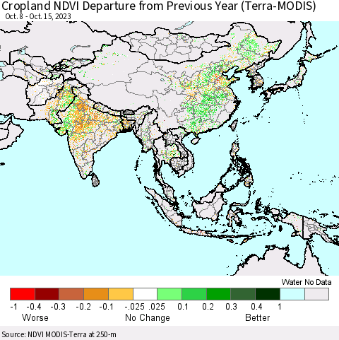 Asia Cropland NDVI Departure from Previous Year (Terra-MODIS) Thematic Map For 10/8/2023 - 10/15/2023