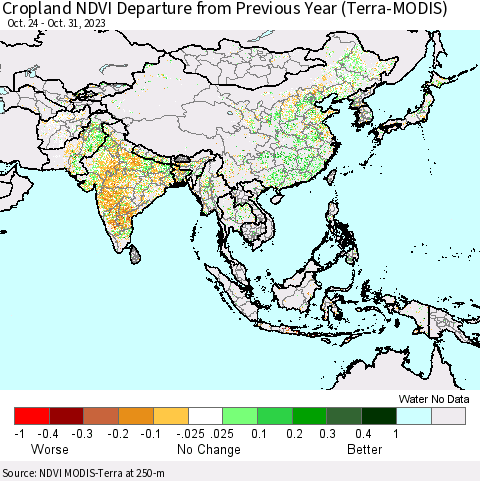 Asia Cropland NDVI Departure from Previous Year (Terra-MODIS) Thematic Map For 10/24/2023 - 10/31/2023