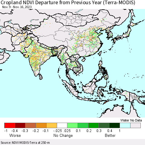 Asia Cropland NDVI Departure from Previous Year (Terra-MODIS) Thematic Map For 11/9/2023 - 11/16/2023