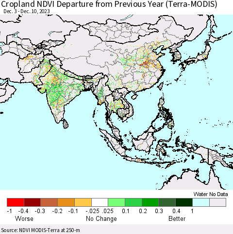 Asia Cropland NDVI Departure from Previous Year (Terra-MODIS) Thematic Map For 12/3/2023 - 12/10/2023
