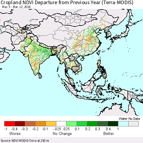 Asia Cropland NDVI Departure from Previous Year (Terra-MODIS) Thematic Map For 3/5/2024 - 3/12/2024