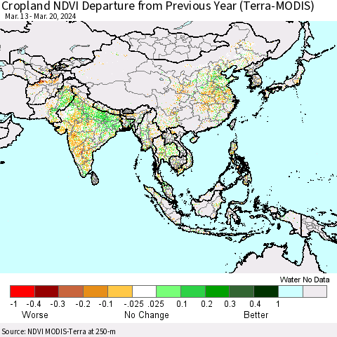 Asia Cropland NDVI Departure from Previous Year (Terra-MODIS) Thematic Map For 3/13/2024 - 3/20/2024