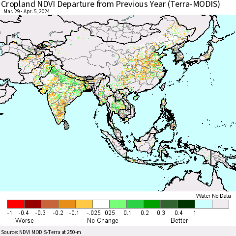 Asia Cropland NDVI Departure from Previous Year (Terra-MODIS) Thematic Map For 3/29/2024 - 4/5/2024