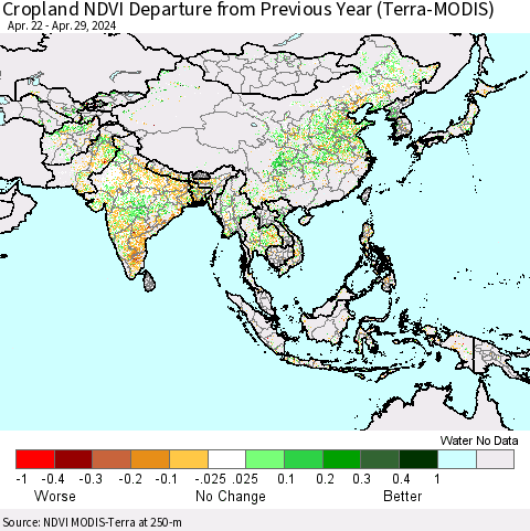 Asia Cropland NDVI Departure from Previous Year (Terra-MODIS) Thematic Map For 4/22/2024 - 4/29/2024