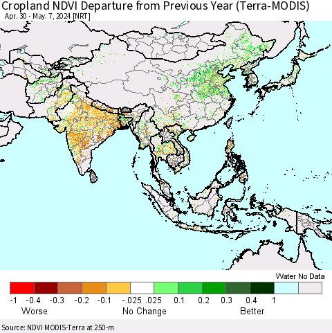 Asia Cropland NDVI Departure from Previous Year (Terra-MODIS) Thematic Map For 4/30/2024 - 5/7/2024