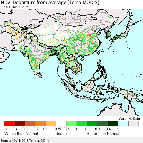 Asia NDVI Departure from Average (Terra-MODIS) Thematic Map For 1/1/2024 - 1/8/2024