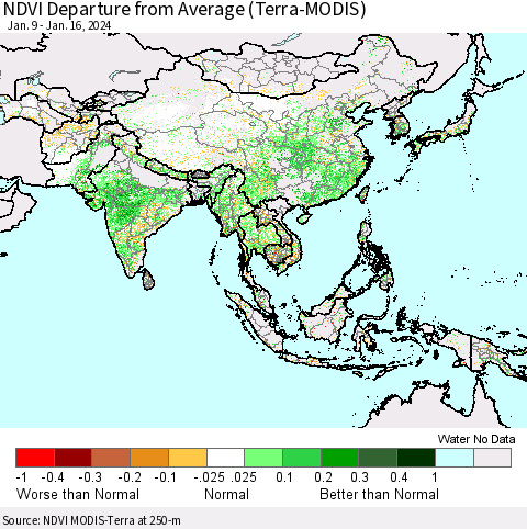 Asia NDVI Departure from Average (Terra-MODIS) Thematic Map For 1/9/2024 - 1/16/2024