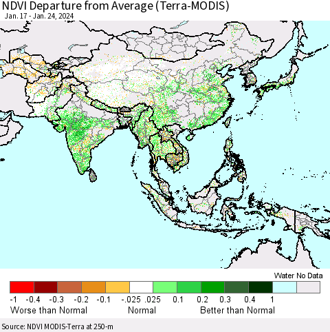 Asia NDVI Departure from Average (Terra-MODIS) Thematic Map For 1/17/2024 - 1/24/2024