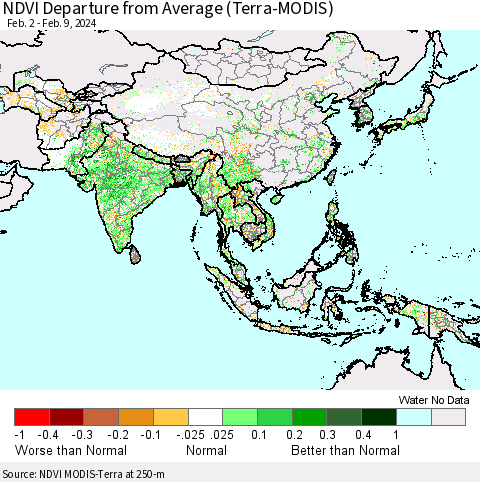Asia NDVI Departure from Average (Terra-MODIS) Thematic Map For 2/2/2024 - 2/9/2024