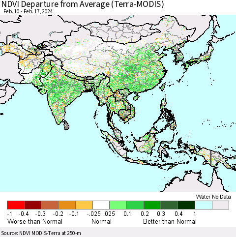 Asia NDVI Departure from Average (Terra-MODIS) Thematic Map For 2/10/2024 - 2/17/2024