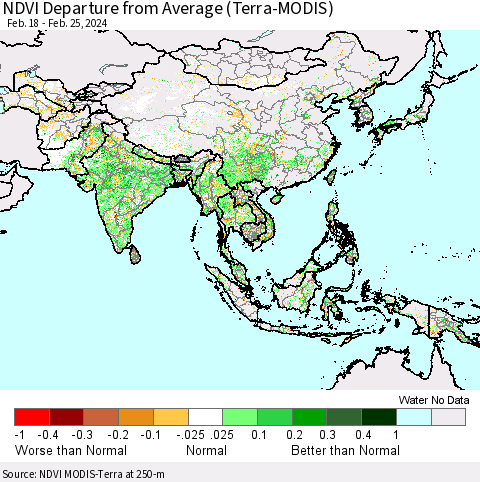Asia NDVI Departure from Average (Terra-MODIS) Thematic Map For 2/18/2024 - 2/25/2024