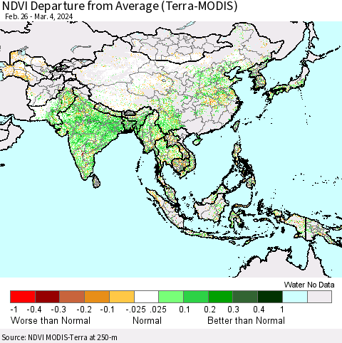 Asia NDVI Departure from Average (Terra-MODIS) Thematic Map For 2/26/2024 - 3/4/2024