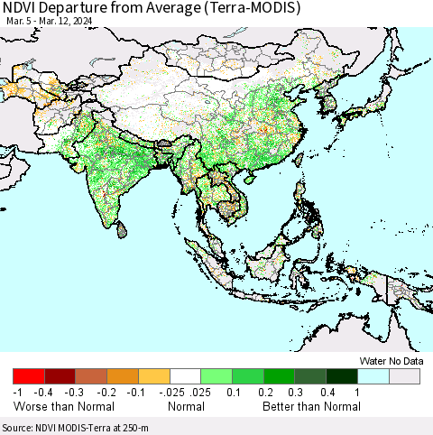 Asia NDVI Departure from Average (Terra-MODIS) Thematic Map For 3/5/2024 - 3/12/2024